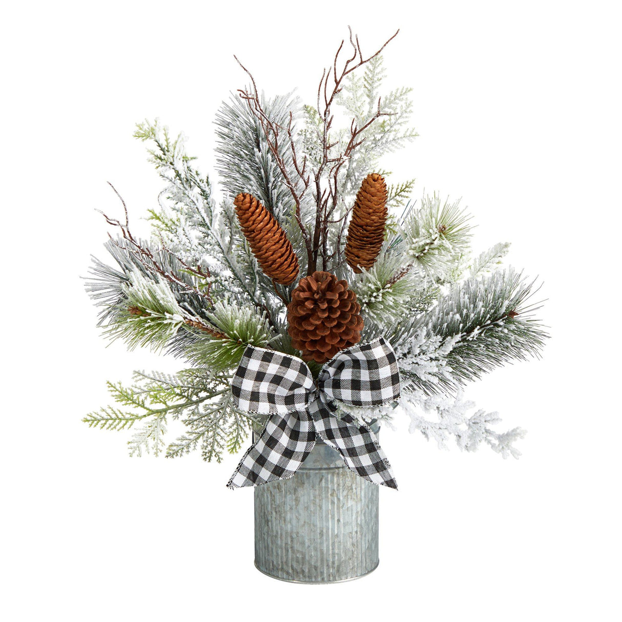 20” Holiday Winter Greenery with Pinecones and Gingham Plaid Bow Table Christmas Arrangement