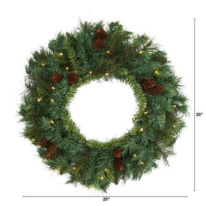 20” Mixed Pine and Pinecone Artificial Christmas Wreath with 35 Clear LED Lights