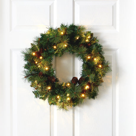 20” Mixed Pine and Pinecone Artificial Christmas Wreath with 35 Clear LED Lights