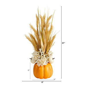 21” Autumn Dried Wheat and Pumpkin Artificial Fall Arrangement in Decorative Pumpkin Vase