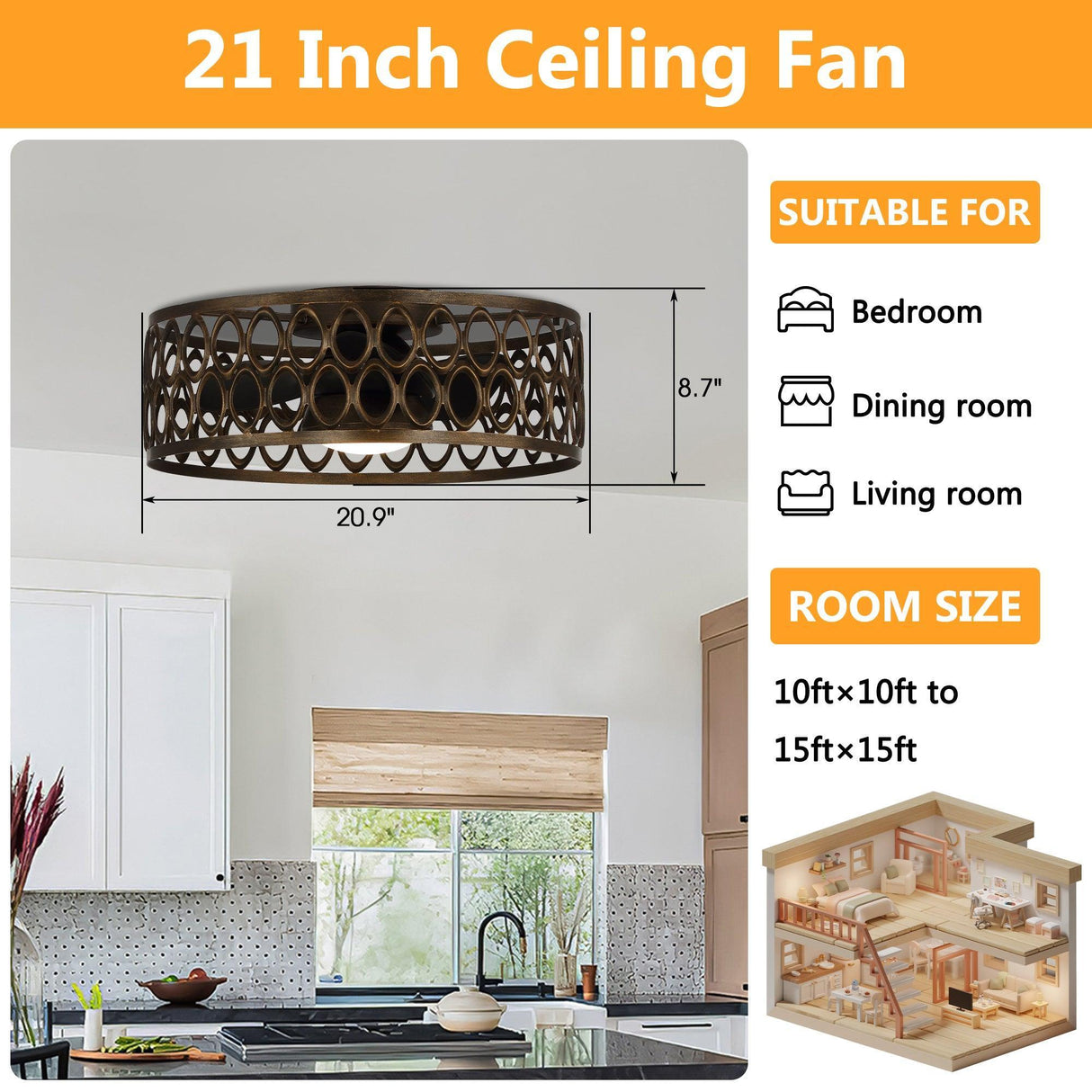21" Kanpur Farmhouse Flush Mount Reversible Ceiling Fan with LED Lighting and Remote Control
