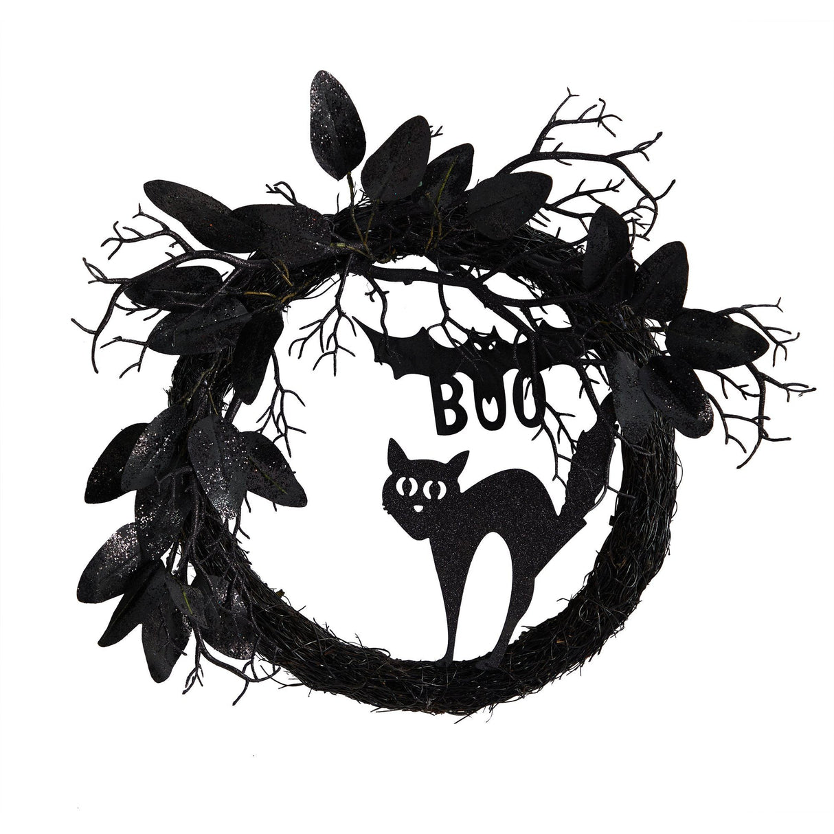 22” Halloween Black Cat and Bat Boo Twig Wreath