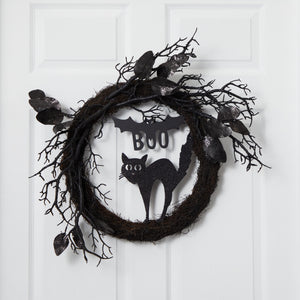 22” Halloween Black Cat and Bat Boo Twig Wreath