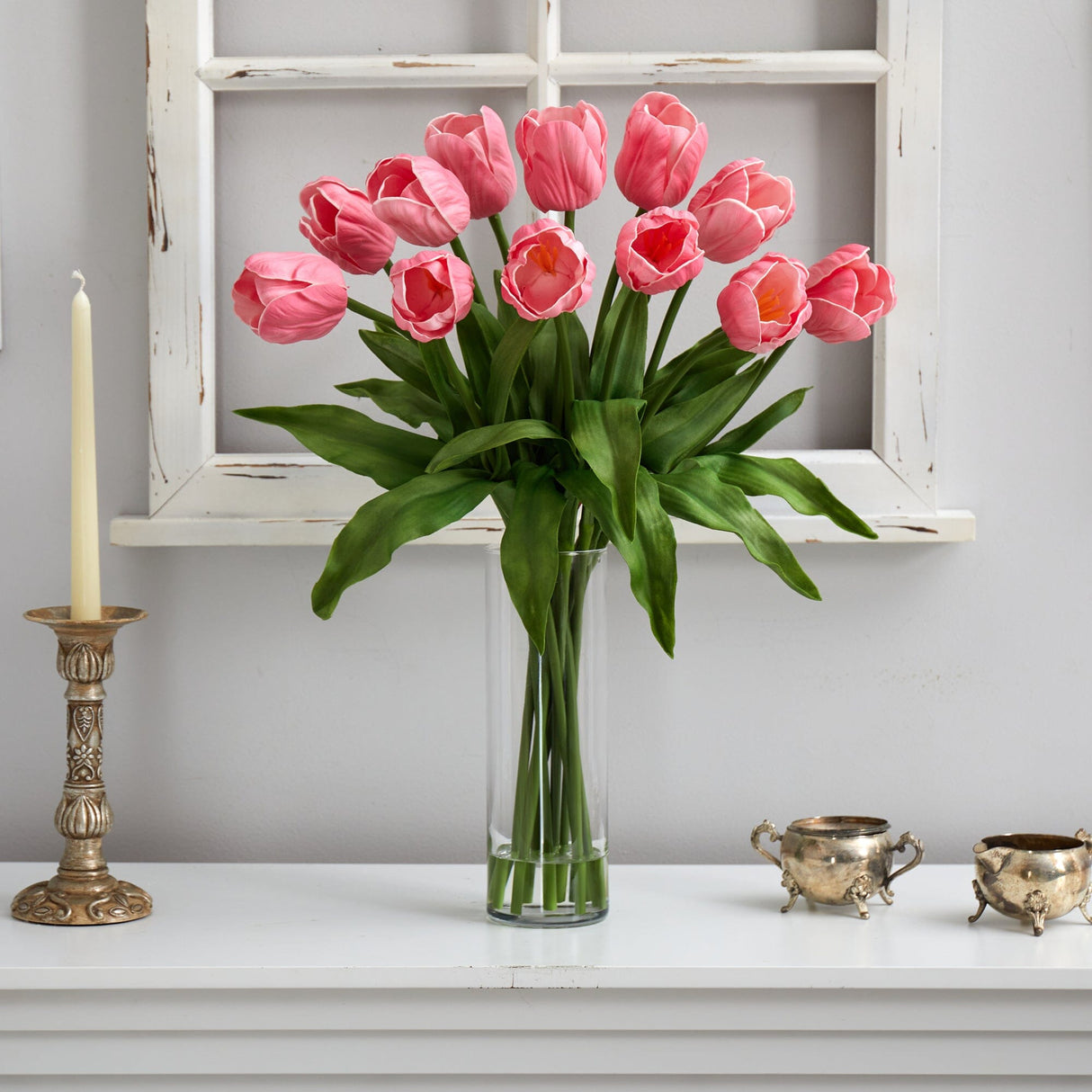 23” Artificial Tulip Arrangement with Cylinder Glass Vase