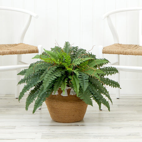 23”Artificial Boston Fern Plant in Handmade Jute & Cotton Basket with Tassels DIY KIT