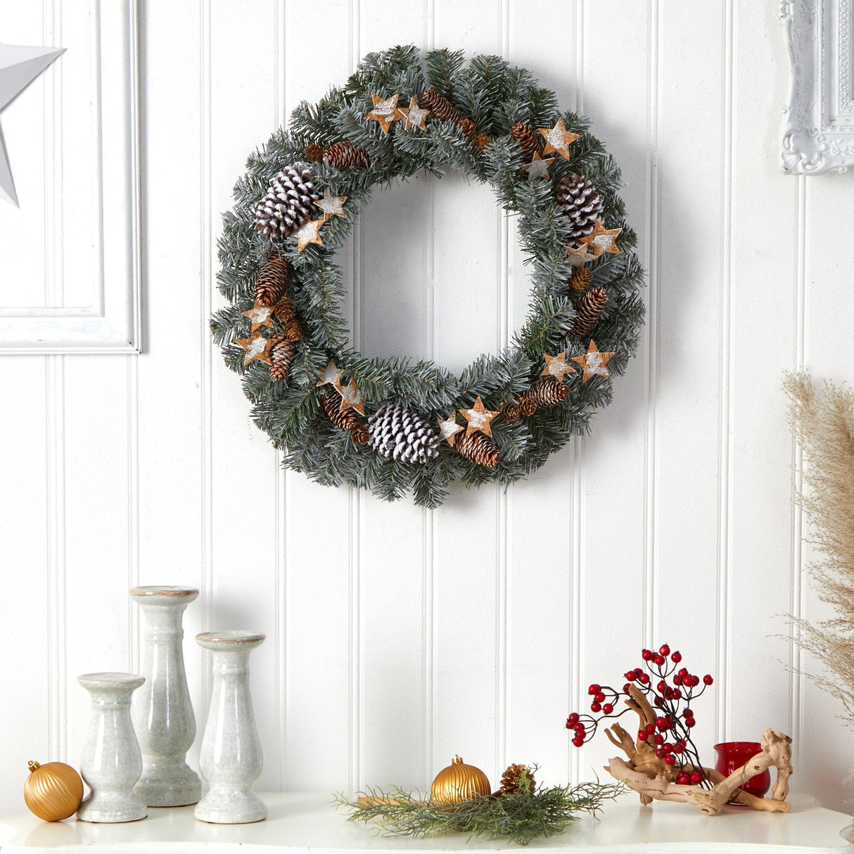 24” Christmas Winter Frosted Stars and Pinecones Holiday Wreath