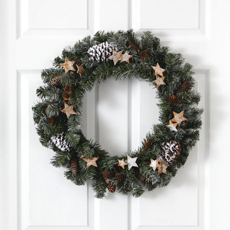 24” Christmas Winter Frosted Stars and Pinecones Holiday Wreath