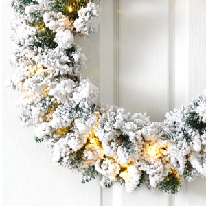 24” Flocked Artificial Christmas Wreath with 160 Bendable Branches and 35 Warm White LED Lights