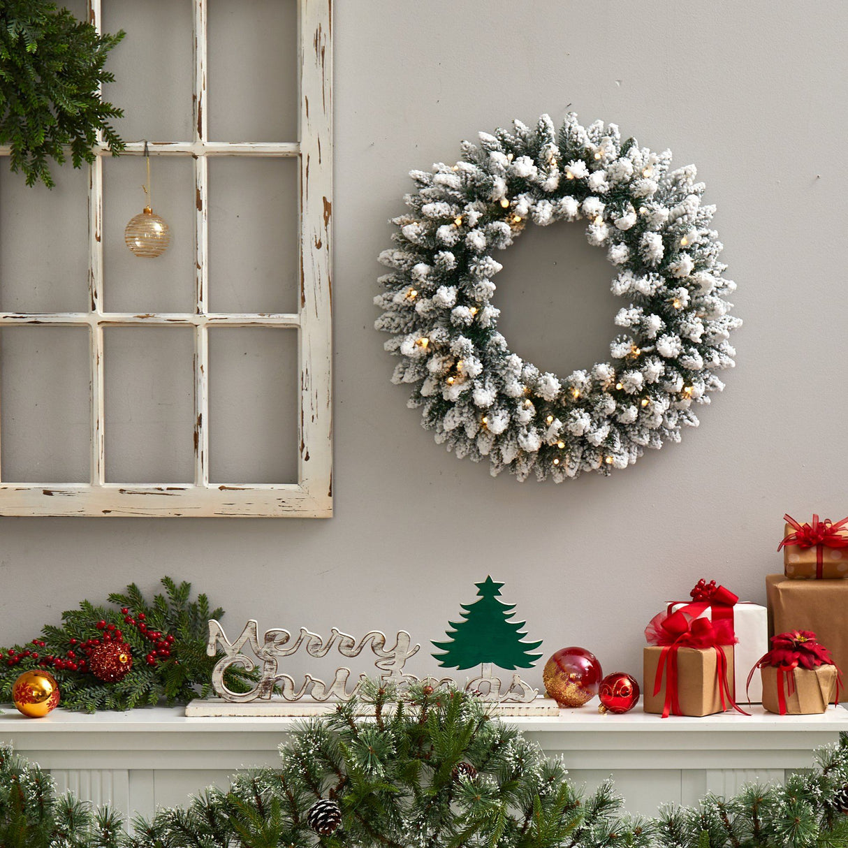 24” Flocked Artificial Christmas Wreath with 160 Bendable Branches and 35 Warm White LED Lights