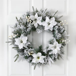 24” Flocked Poinsettia and Pine Artificial Christmas Wreath with 50 Warm White LED Lights