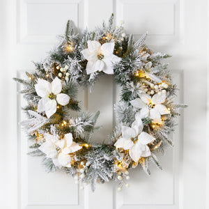 24” Flocked Poinsettia and Pine Artificial Christmas Wreath with 50 Warm White LED Lights