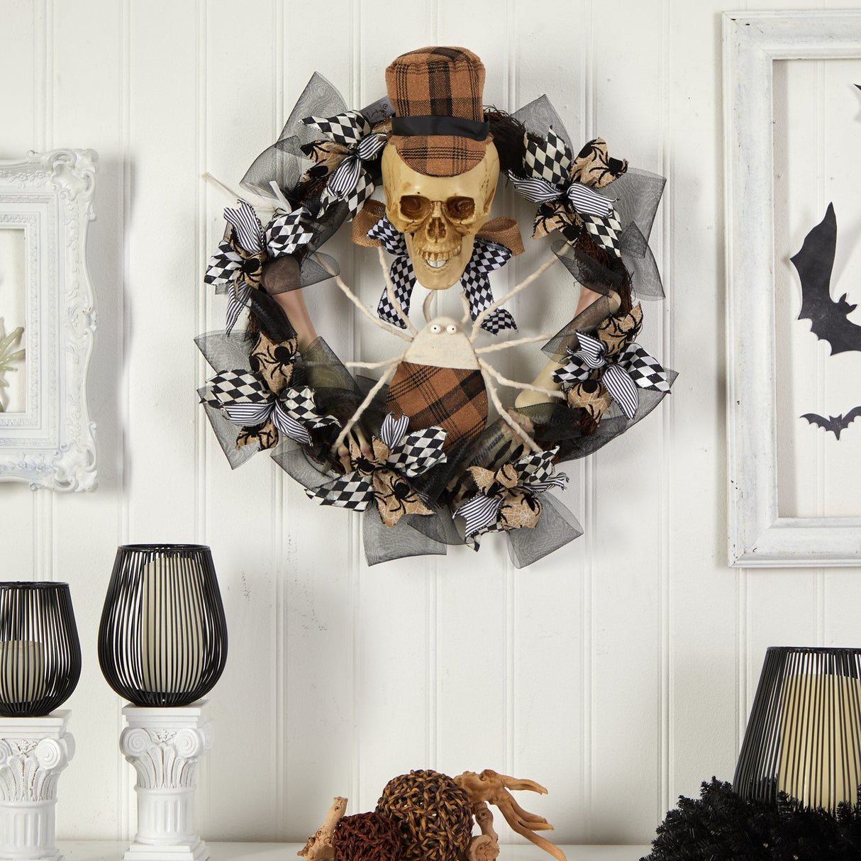 24” Halloween Skull in Plaid Mesh Wreath