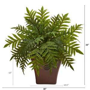 24” Hares Foot Fern Artificial Plant in Brown Planter (Real Touch)