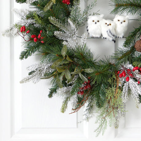 24” Holiday Winter Owl Family Pinecone Berry Christmas Artificial Wreath