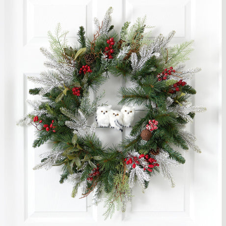 24” Holiday Winter Owl Family Pinecone Berry Christmas Artificial Wreath