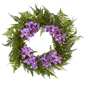 24” Mixed Fern and Phalaenopsis Orchid Artificial Wreath