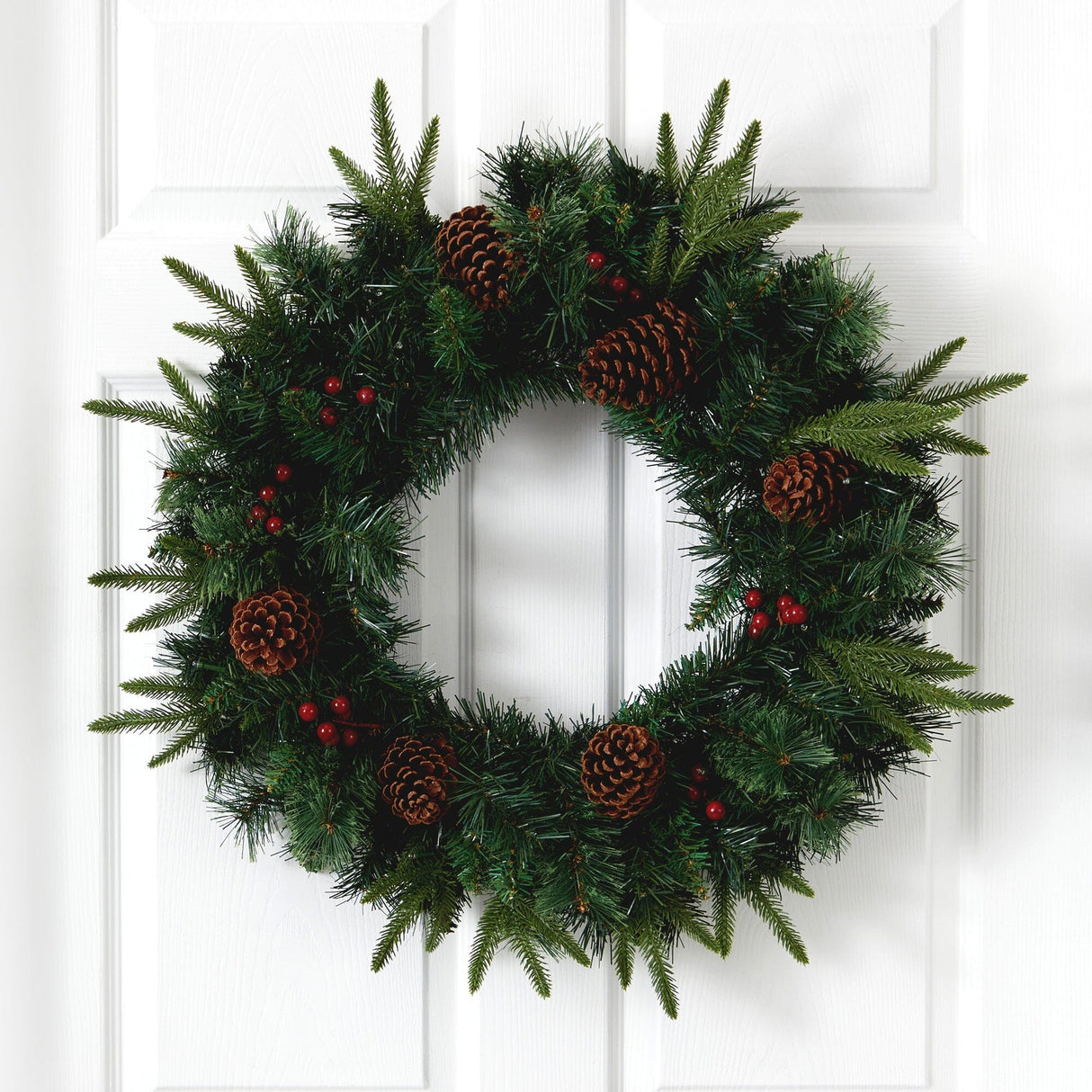 24” Mixed Pine Artificial Christmas Wreath with 35 Clear LED Lights and Berries