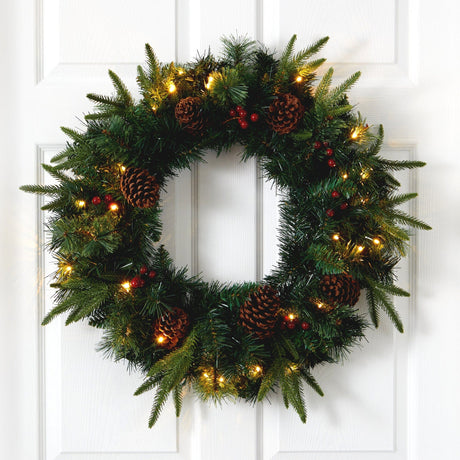 24” Mixed Pine Artificial Christmas Wreath with 35 Clear LED Lights and Berries