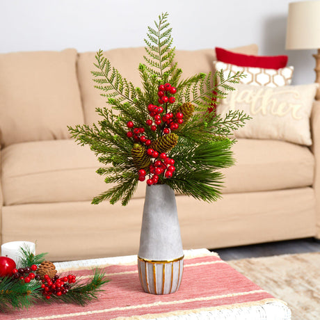 24” Mixed Pine, Pinecone and Berry Artificial Arrangement in Stoneware Vase with Gold Trimming