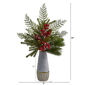 24” Mixed Pine, Pinecone and Berry Artificial Arrangement in Stoneware Vase with Gold Trimming