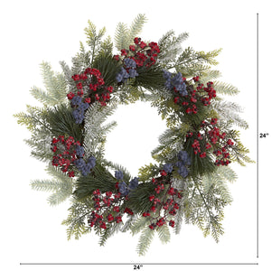 24” Pine and Cedar Artificial Wreath with Berries