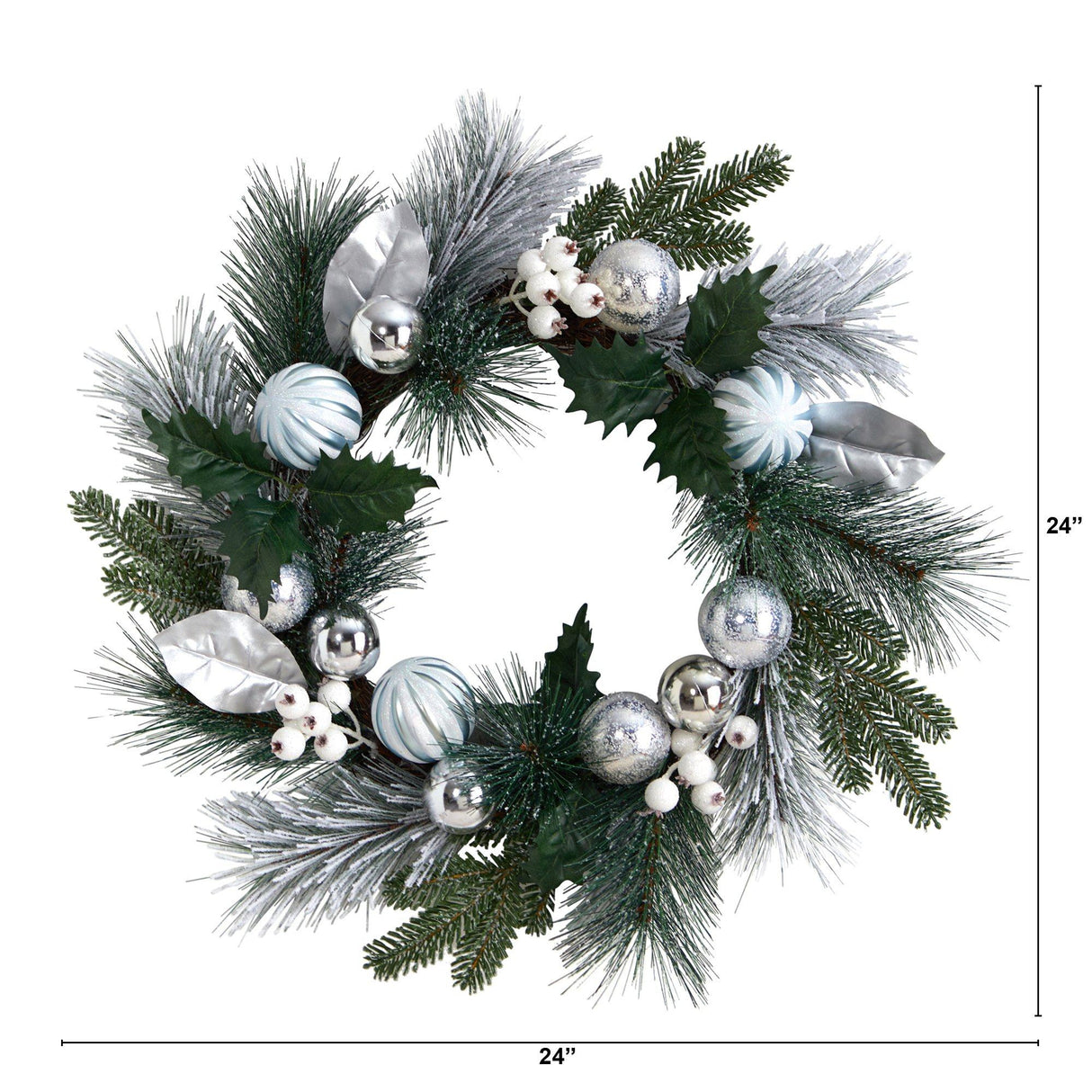 24” Pinecones and Berries Christmas Artificial Wreath with Silver Ornaments