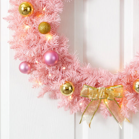 24” Pink Artificial Christmas Wreath with 35 LED Lights and Ornaments