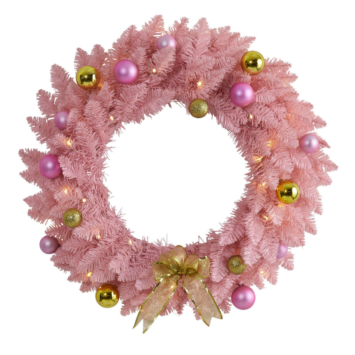 24” Pink Artificial Christmas Wreath with 35 LED Lights and Ornaments