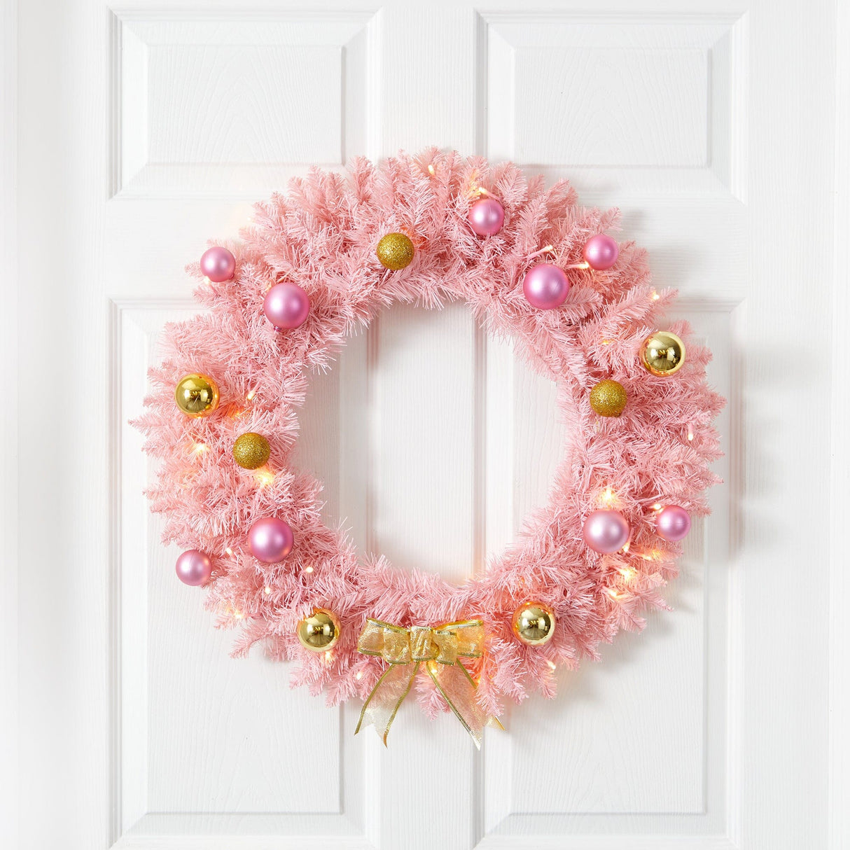 24” Pink Artificial Christmas Wreath with 35 LED Lights and Ornaments