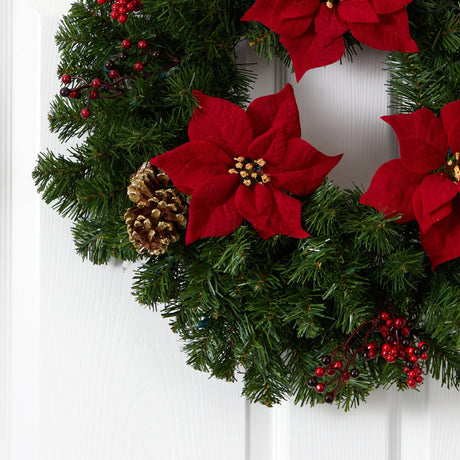 24” Poinsettia, Berry and Pinecone Artificial Wreath with 50 Warm White LED Lights