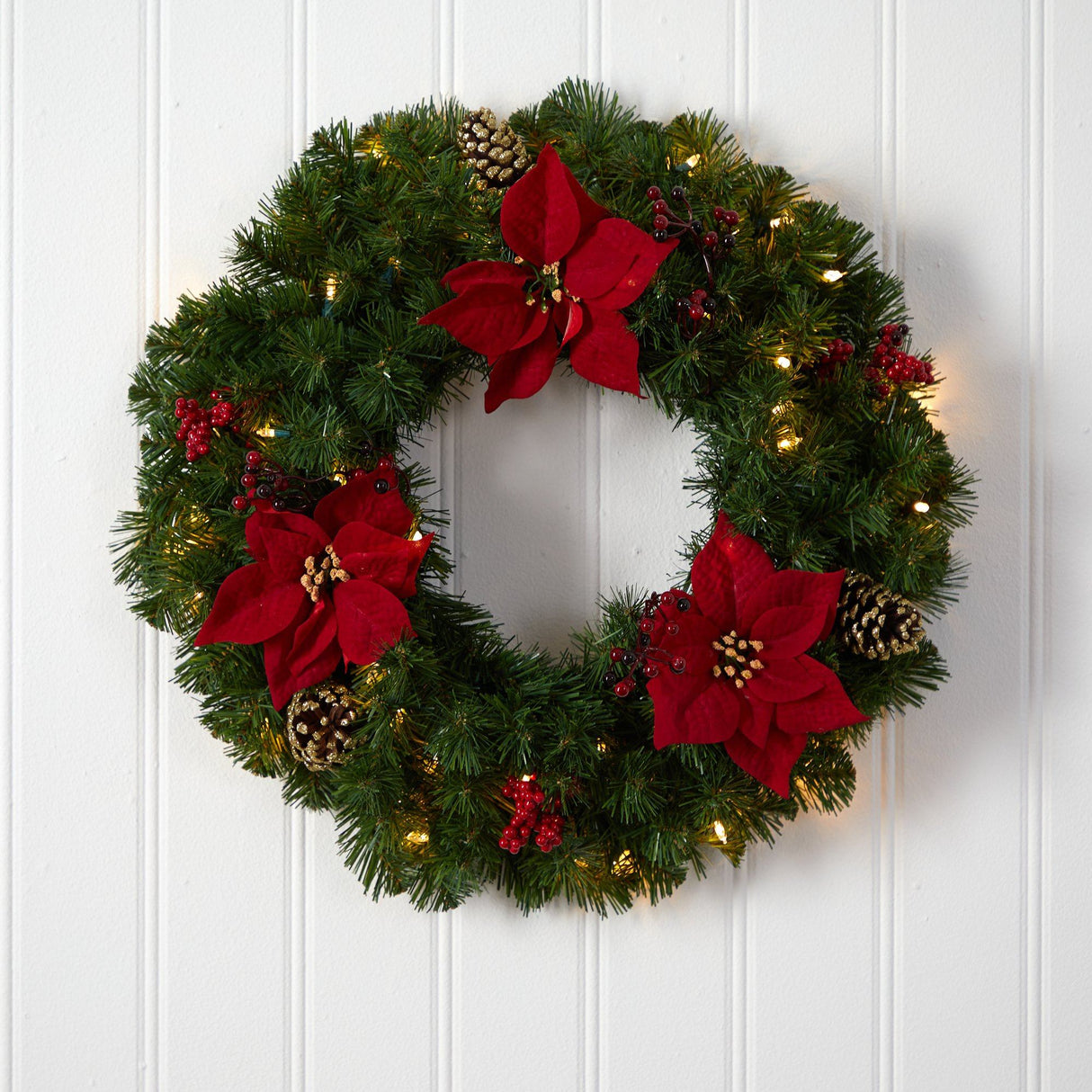 24” Poinsettia, Berry and Pinecone Artificial Wreath with 50 Warm White LED Lights