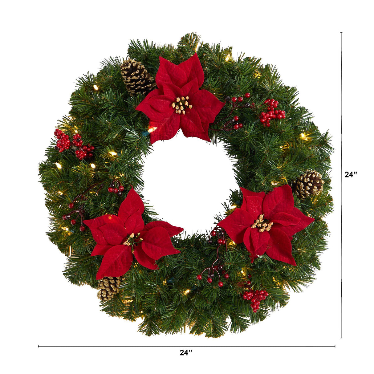 24” Poinsettia, Berry and Pinecone Artificial Wreath with 50 Warm White LED Lights