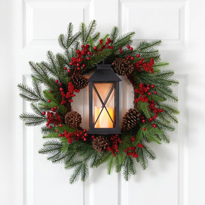 28” Berries and Pine Artificial Christmas Wreath with Lantern and Included LED Candle