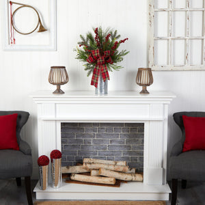 28” Holiday Winter Greenery, Berries and Plaid Bow Artificial Christmas Arrangement Home Décor