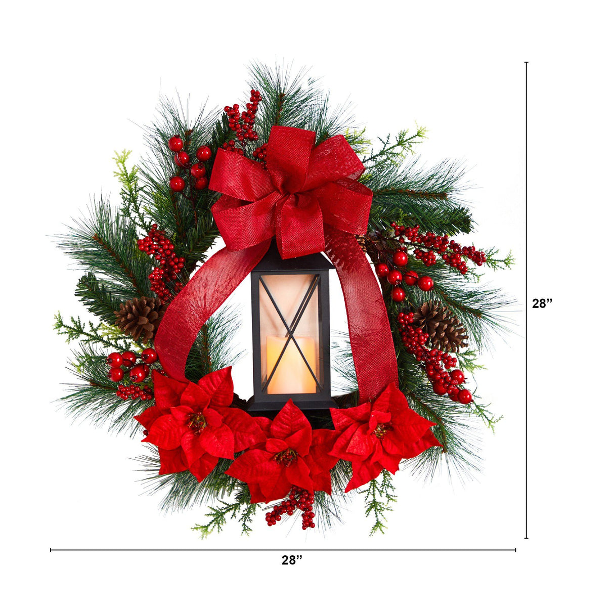 28” Poinsettia and Berry Holiday Lantern Christmas Wreath with LED Candle