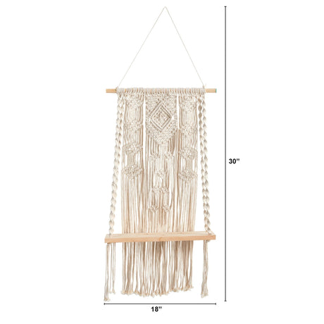 2.5’ x 1.5’ Hand Crafted Woven Macrame Wall Hanging with Wooden Shelf