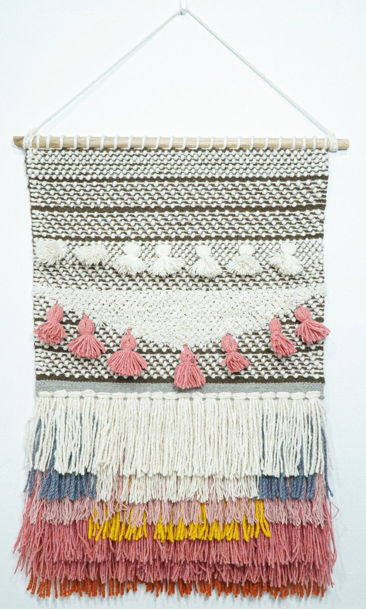 2x3 Wool Hand Woven Brown, White and Pink Boho Wall Hanging | WH1