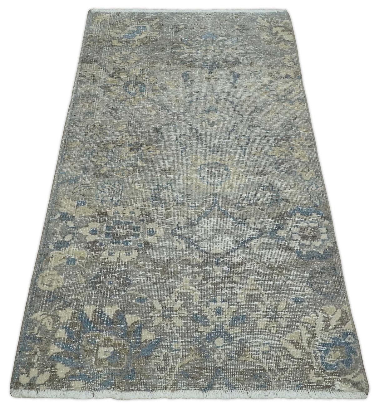 2x4 Gray, Beige and Blue Wool Hand Knotted traditional Vintage Antique Rug| N1224