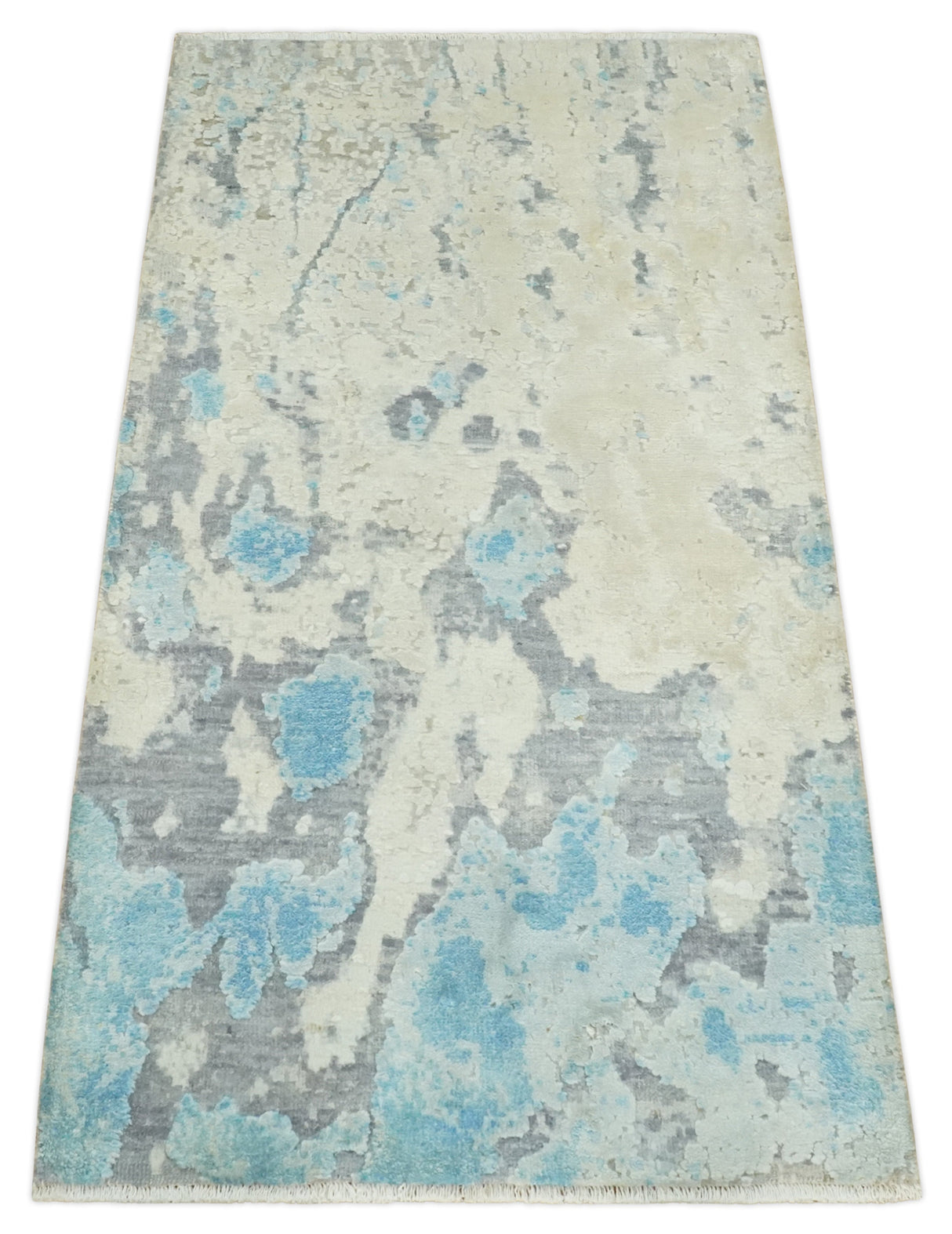 2x4 Modern Abstract Ivory, Blue and Charcoal Wool and Silk Rug| N7324