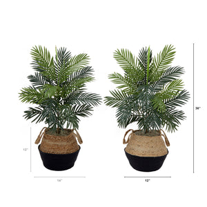 3' Artificial Areca Palm Tree with Handmade Jute & Cotton Basket DIY KIT - Set of 2