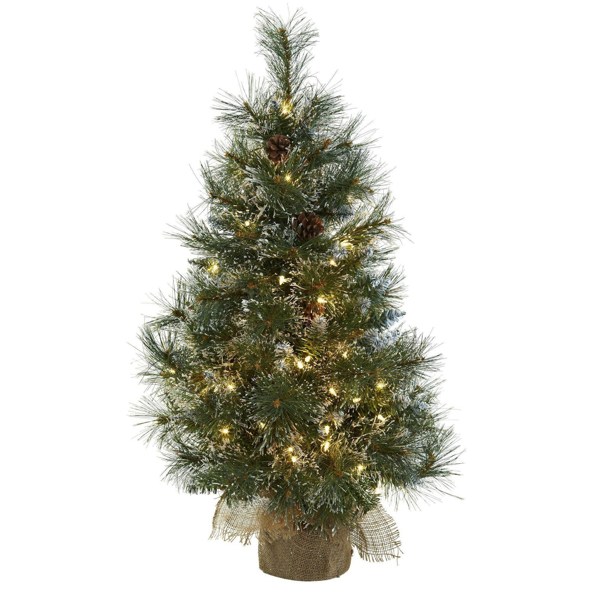 3’ Christmas Tree w/Clear Lights, Frosted Tips, Pine Cones & Burlap Bag