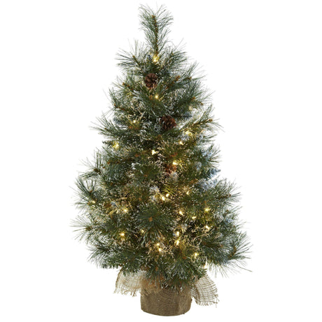 3’ Christmas Tree w/Clear Lights, Frosted Tips, Pine Cones & Burlap Bag