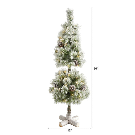 3’ Flocked Artificial Christmas Tree Topiary with 50 Warm White LED Lights and Pine Cones