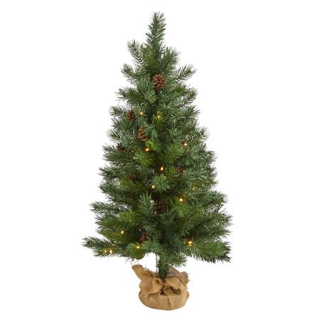 3’ Fraser Fir “Natural Look” Artificial Christmas Tree with 50 Clear LED Lights, Pinecones, a Burlap Base and 90 Bendable Branches