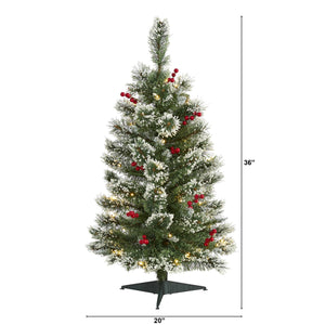 3’ Frosted Swiss Pine Artificial Christmas Tree with 50 Clear LED Lights and Berries