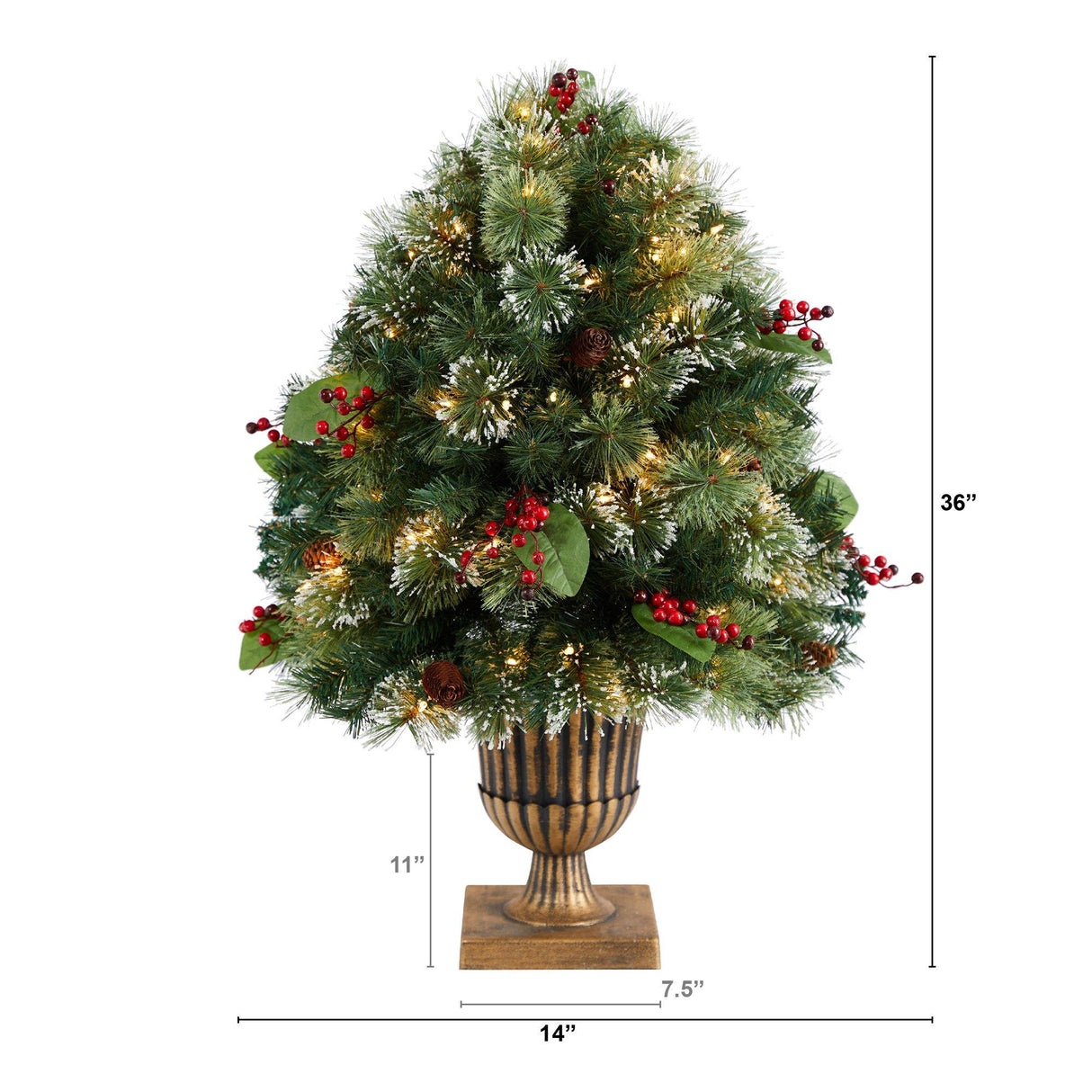 3' Holiday Pre-Lit Snow Tip Greenery, Berries and Pinecones Plant in Urn with 100 LED Lights