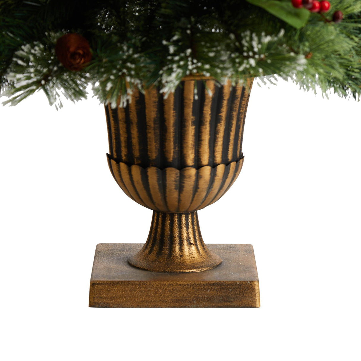 3' Holiday Pre-Lit Snow Tip Greenery, Berries and Pinecones Plant in Urn with 100 LED Lights