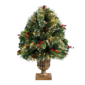 3' Holiday Pre-Lit Snow Tip Greenery, Berries and Pinecones Plant in Urn with 100 LED Lights