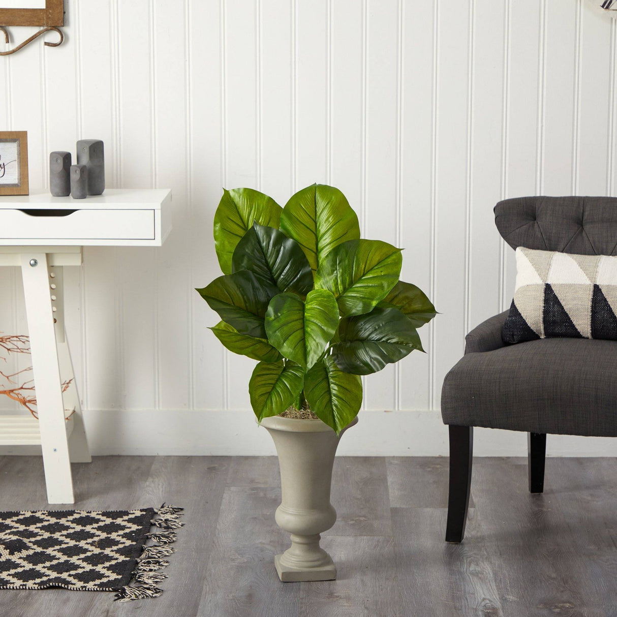 3’ Large Philodendron Leaf Artificial Plant in Sand Colored Urn