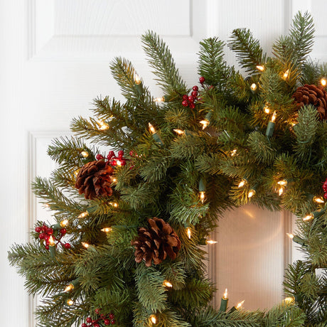 30” Lighted Pine Wreath w/Berries & Pine Cones